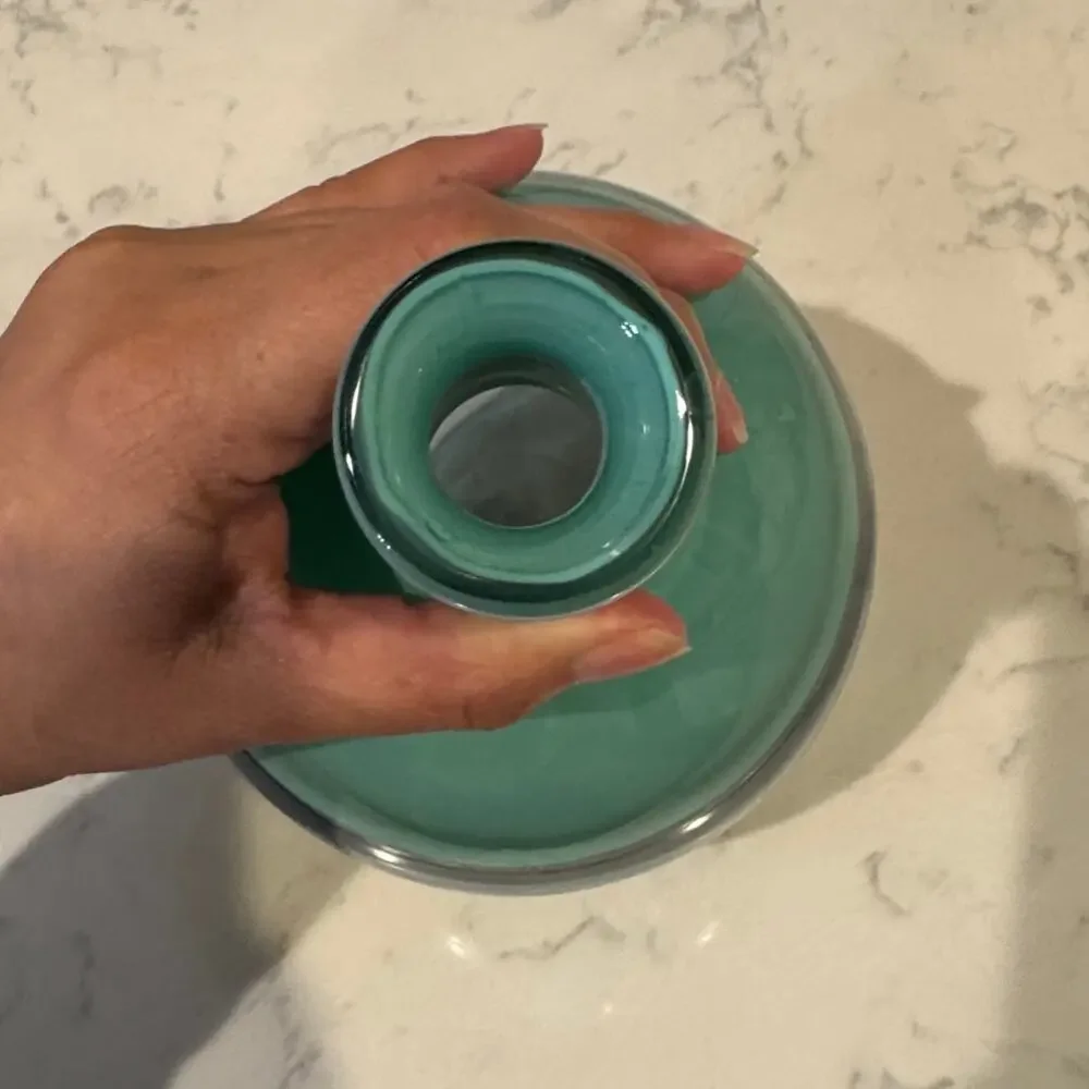 West Elm Vitreluxe Hand Blown Glass Vase in a green/teal mid century modern